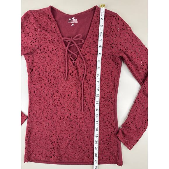 Hollister Y2K Womens Crochet Lace Long Sleeve Top S Burgundy Boho V-Neck Tie - Picture 9 of 12
